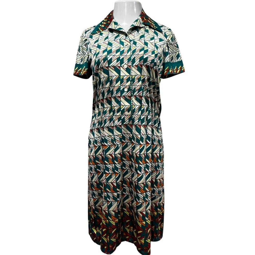 Guy Laroche 70s Qiana Short Sleeve Geo Print Dress, 12